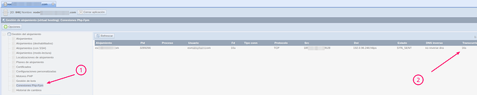 Paso 1: Listado de conexiones PHP-FPM donde se aprecian varias conexiones con tiempos elevados hacia la misma IP de destino