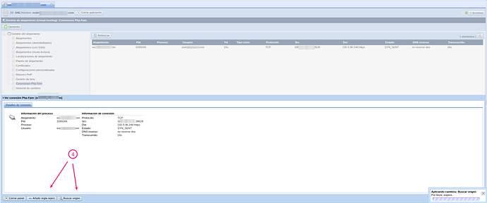 Vista de detalle de una conexión PHP-FPM mostrando la información del proceso (hosting, PID, user) y de la conexión (protocol, src, dst, status, reverse_dns, elapsed), con los botones "Add reject rule" y "Find caller" en la parte inferior