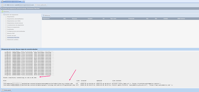 Resultado de "Find caller" mostrando la tabla con los ficheros, líneas y contenido donde se encontraron referencias a la IP de destino