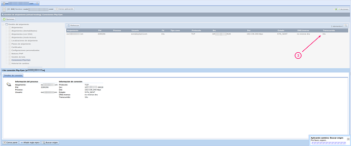 Listado principal de conexiones PHP-FPM mostrando las columnas Hosting, PID, Protocol, Src, Dst, Status, Reverse DNS y Elapsed