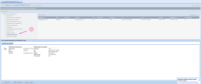 Acceso a la sección Php-Fpm Connections desde el menú lateral de Webhosting Management
