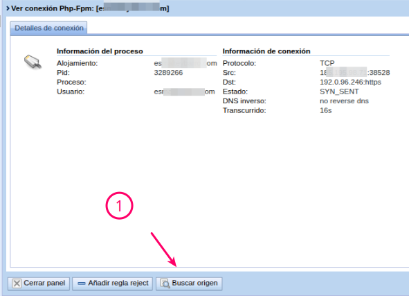 Paso 4: Resultado de "Buscar origen" mostrando los ficheros PHP que contienen referencias al destino bloqueado